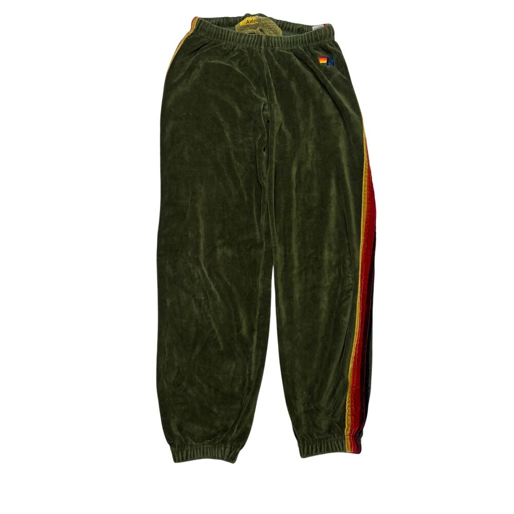 Aviator Nation Velvet 5 Stripe Joggers Sweatpants Women's Small Green Velour